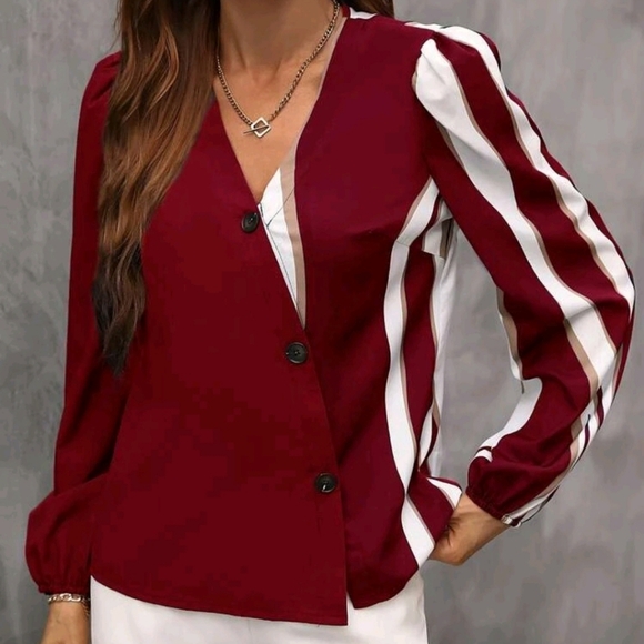 Color Block Button Front Blouse Women Shirt - Picture 4 of 5